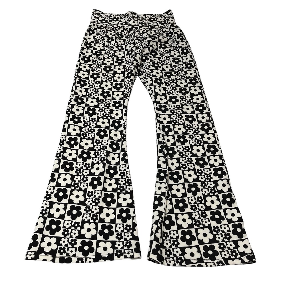 Black Floral Power Pant Pull On Wide Leg Checkerboard M Boho Festival 70s Retro